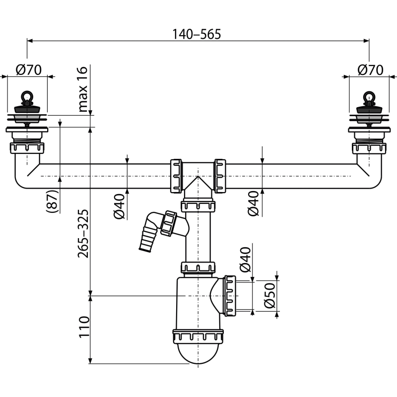 Sifon pro dvoudřez Alcadrain (Alcaplast) s nerezovými mřížkami DN70 a přípojkou A449P-DN50/40
