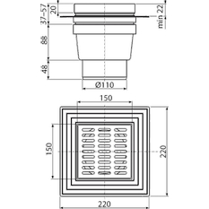 Podlahová vpust Alcadrain (Alcaplast) 150 x 150/110 mm přímá, mřížka šedá, límec 2. úrovně izolace, vodní zápachová uzávěra APV11