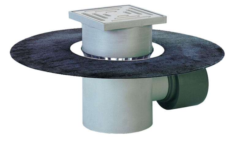 Podlahová vpust HL Hutterer & Lechner, DN110 s ležatým odtokem a asfaltovou manžetou, plast 147x147mm/plast 138x138mm, sítko