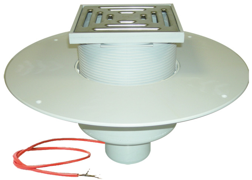 Střešní vtok HL Hutterer & Lechner, DN110 se svislým odtokem v provedení pro pochůzné střechy, s PVC izolační přírubou, s elektrickým ohřevem(10-30W, 230V). Pro měkčené PVC hydroizolační fólie, nástavec 148x148/137x137mm. Záchytný koš plochý