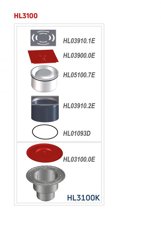 Podlahová vpust HL Hutterer & Lechner, DN50/75/110 se svislým odtokem, ZU standard - vodní, s izolační přírubou, nerez 145x145mm/nerez 138x138mm