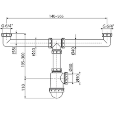 Sifon pro dvoudřez Alcadrain (Alcaplast) s převlečnými maticemi 6/4˝ A448-DN50/40