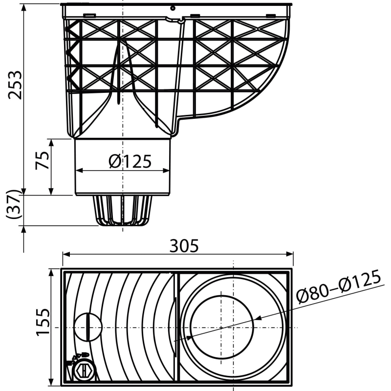 Univerzální lapač střešních splavenin Alcadrain (Alcaplast) 300 x 155/125 mm přímý, černá AGV2