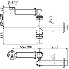 Prostorově úsporný umyvadlový sifon Alcadrain (Alcaplast) DN40 s převlečnou maticí 5/4˝ A434