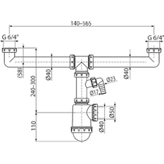 Sifon pro dvoudřez Alcadrain (Alcaplast) s převlečnými maticemi 6/4˝ a přípojkou A448P-DN50/40