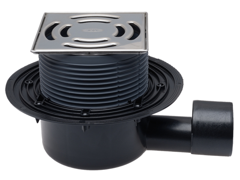 Podlahová vpust HL Hutterer & Lechner, DN50/75 s ležatým odtokem, ZU standard - vodní, s izolační přírubou, nerez 145x145mm/nerez 138x138mm