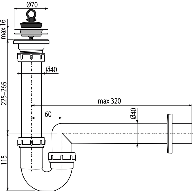 Sifon trubkový Alcadrain (Alcaplast) s nerezovou mřížkou DN70 A800-DN40