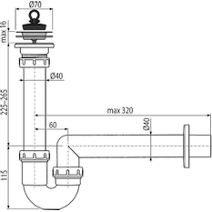 Sifon trubkový Alcadrain (Alcaplast) s nerezovou mřížkou DN70 A800-DN40