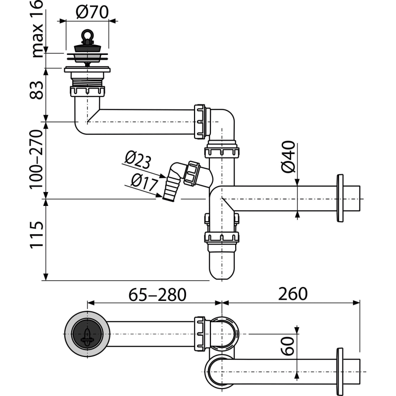 Prostorově úsporný dřezový sifon Alcadrain (Alcaplast) DN40 s přípojkou A870P-DN40