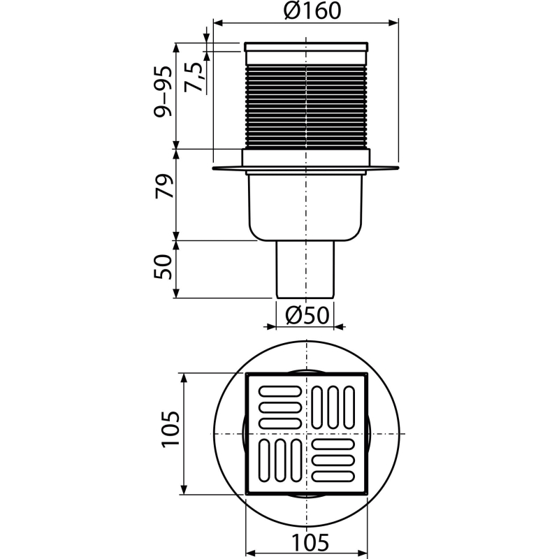 Podlahová vpust Alcadrain (Alcaplast) 105 x 105/50 mm přímá, mřížka nerez, kombinovaná zápachová uzávěra SMART APV32