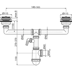 Sifon pro dvoudřez Alcadrain (Alcaplast) s nerezovými mřížkami DN115 a přípojkou A453P