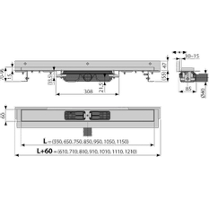 Podlahový žlab Alcadrain (Alcaplast) s okrajem pro perforovaný rošt a s nastavitelným límcem ke stěně APZ104-750