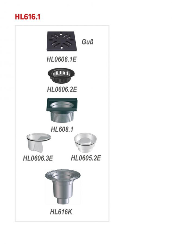 Velkokapacitní (dvorní) vtok HL Hutterer & Lechner, DN160 se svislým odtokem, s izolační přírubou, se suchou nezámrznou zápachovou klapkou, koš na nečistoty, litina 260x260mm/litina 226x226mm, M125
