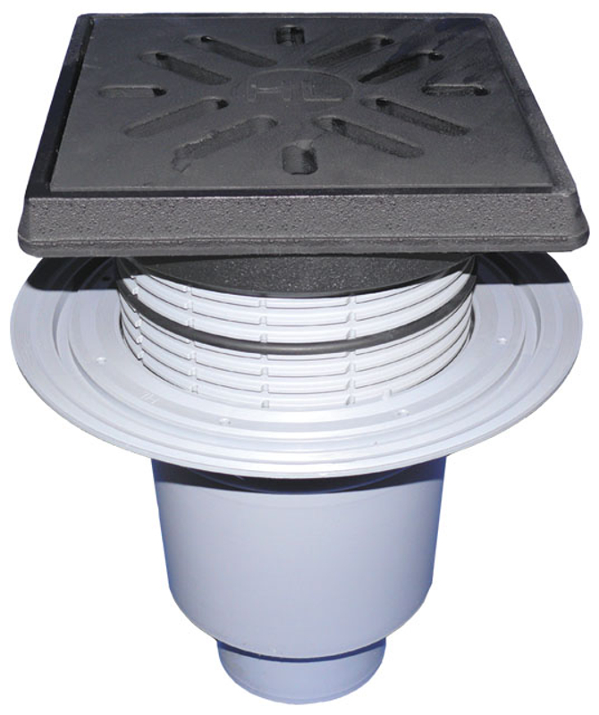 Velkokapacitní (dvorní) vtok HL Hutterer & Lechner, DN160 se svislým odtokem, s izolační přírubou, se suchou nezámrznou zápachovou klapkou, koš na nečistoty, litina 260x260mm/litina 226x226mm, M125