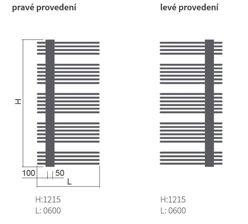Těleso koupelnové trubkové Isan Koro Plus 1215 x 600 mm, 1010 W, elektrické s regulátorem Mini PW, sněhově bílá RAL 9016
