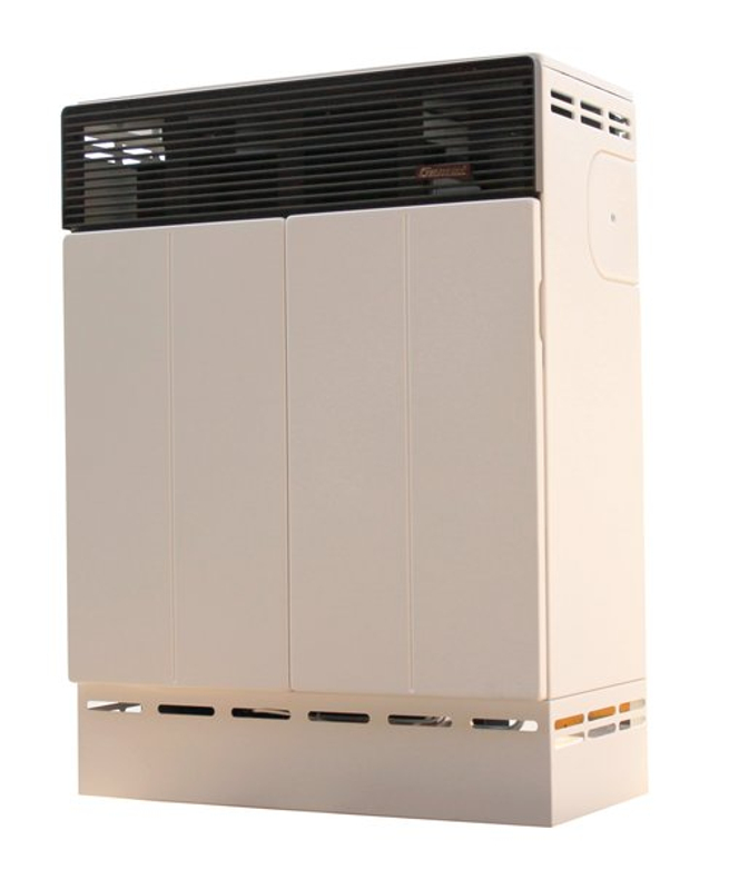 Plynové topidlo Karma Gamat S90, o výkonu 8,6 kW, s odtahem spalin do komína s přirozeným tahem, mechanická regulace teploty, slonová kost