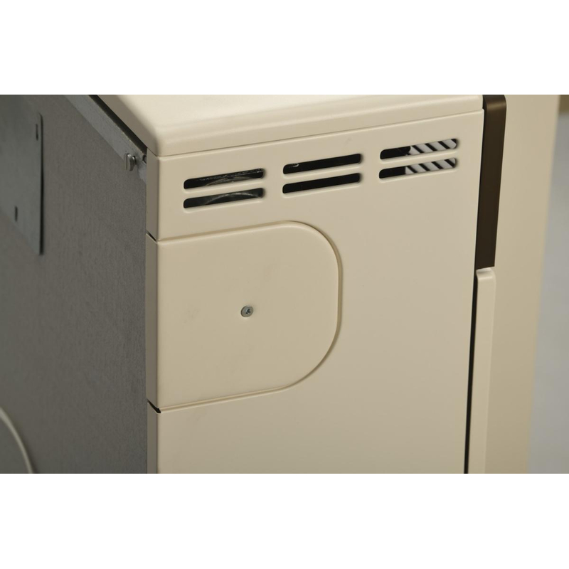 Plynové topidlo Karma Gamat S90, o výkonu 8,6 kW, s odtahem spalin do komína s přirozeným tahem, mechanická regulace teploty, slonová kost