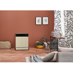 Plynové topidlo Karma Gamat S90, o výkonu 8,6 kW, s odtahem spalin do komína s přirozeným tahem, mechanická regulace teploty, slonová kost