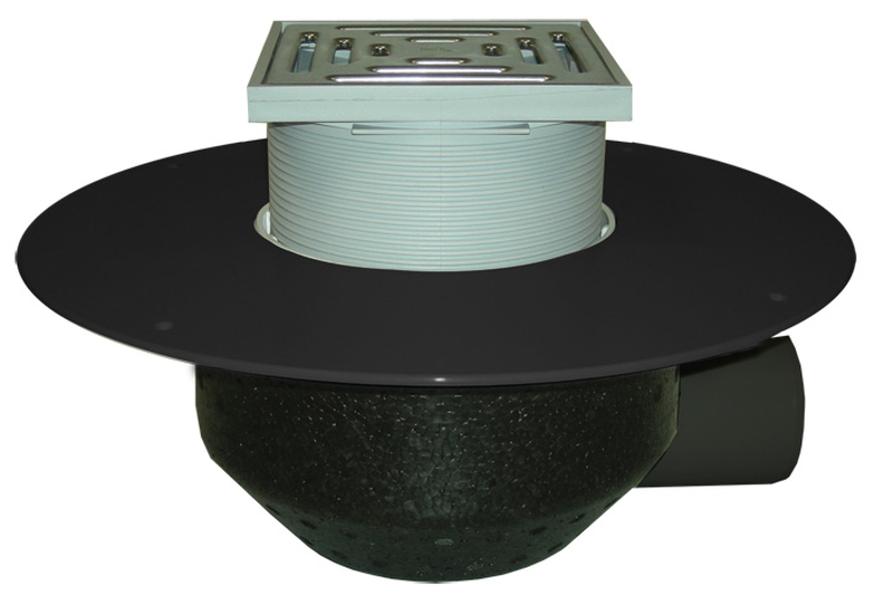 Střešní vtok HL Hutterer & Lechner, DN110 s ležatým odtokem v provedení pro pochůzné střechy, s PP izolační přírubou, pro TPO, FPO hydroizolační fólie, tepelně izolovaný, nástavec 148x148mm/137x137mm. Záchytný koš plochý