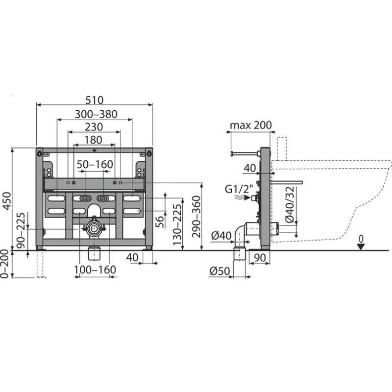 Instalační modul Plano R105/450 pro bidet na zazdění na pevnou zeď