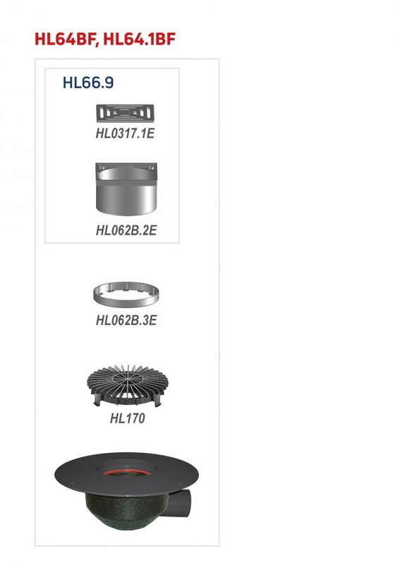 Střešní vtok HL Hutterer & Lechner, DN110 s ležatým odtokem v provedení pro pochůzné střechy, s PP izolační přírubou, pro TPO, FPO hydroizolační fólie, s elektrickým ohřevem(10-30W, 230V), nástavec 148x148mm/137x137mm. Záchytný koš plochý