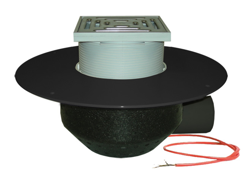 Střešní vtok HL Hutterer & Lechner, DN110 s ležatým odtokem v provedení pro pochůzné střechy, s PP izolační přírubou, pro TPO, FPO hydroizolační fólie, s elektrickým ohřevem(10-30W, 230V), nástavec 148x148mm/137x137mm. Záchytný koš plochý