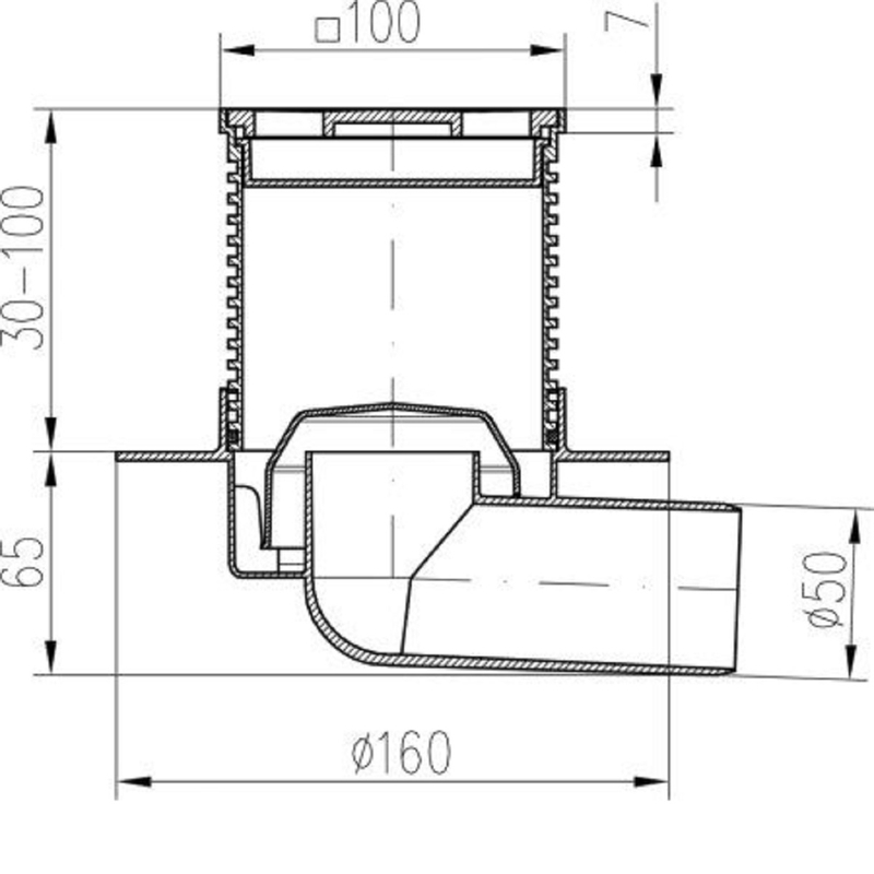 Podlahová vpusť boční s&nbsp;límcem PVB50 N L1 DN50 100&nbsp;x&nbsp;100&nbsp;mm nerezová mřížka 411 L