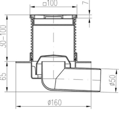 Podlahová vpusť boční s&nbsp;límcem PVB50 N L1 DN50 100&nbsp;x&nbsp;100&nbsp;mm nerezová mřížka 411 L