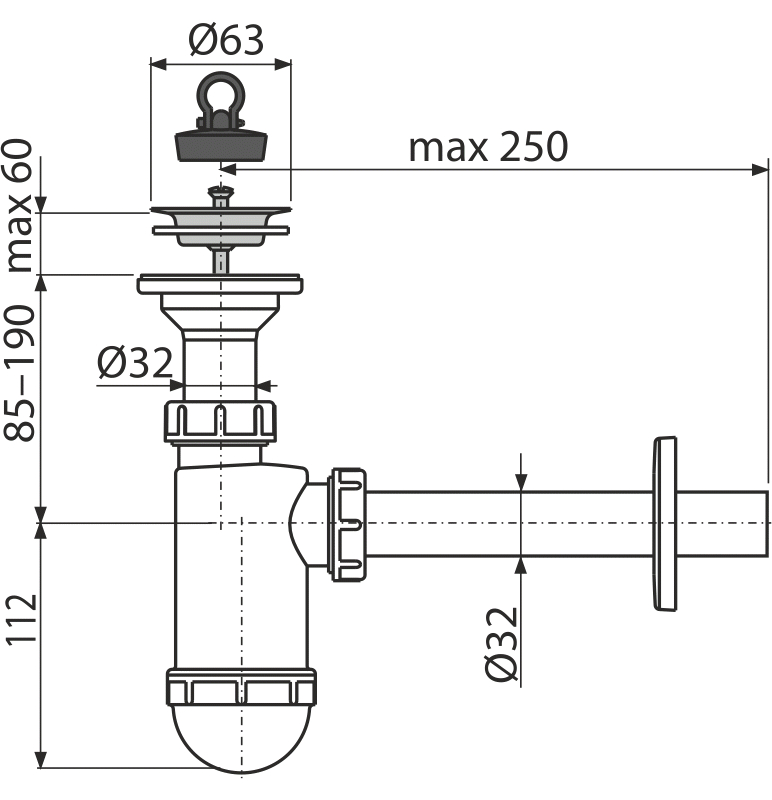 Sifon umyvadlový Alcadrain (Alcaplast) DN32 s nerezovou mřížkou DN63 A410