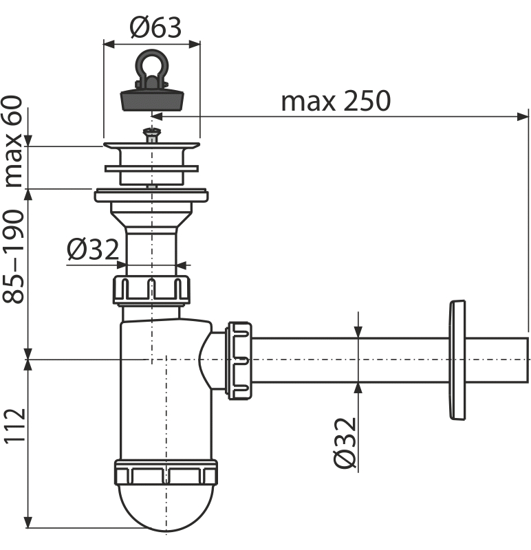 Sifon umyvadlový Alcadrain (Alcaplast) DN32 s plastovou mřížkou DN63 A420