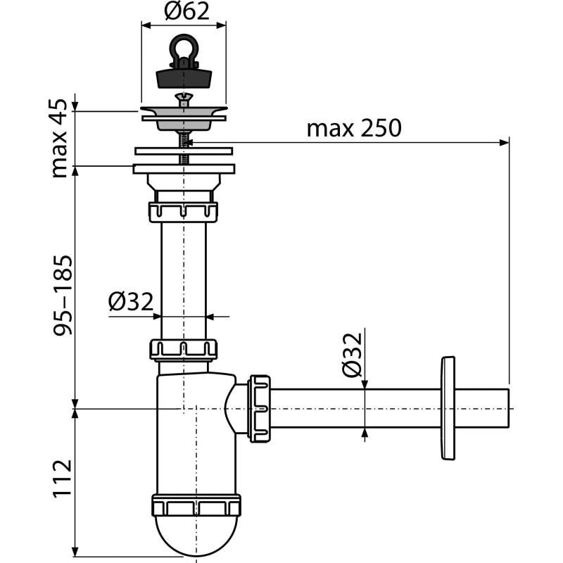 Sifon umyvadlový Alcadrain (Alcaplast) DN32 s nerezovou mřížkou DN63 A411