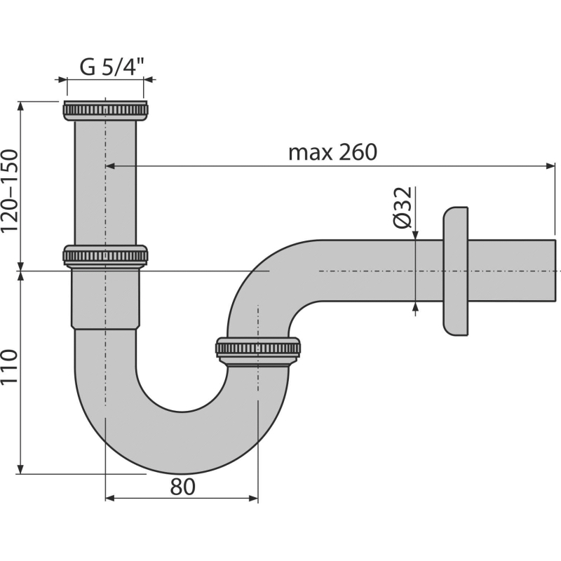 Sifon umyvadlový Alcadrain (Alcaplast) „U“ DN32 s převlečnou maticí 5/4˝, kov A4320