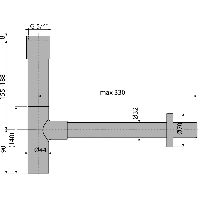 Sifon umyvadlový Alcadrain (Alcaplast) DN32 DESIGN celokovový, masivní A402