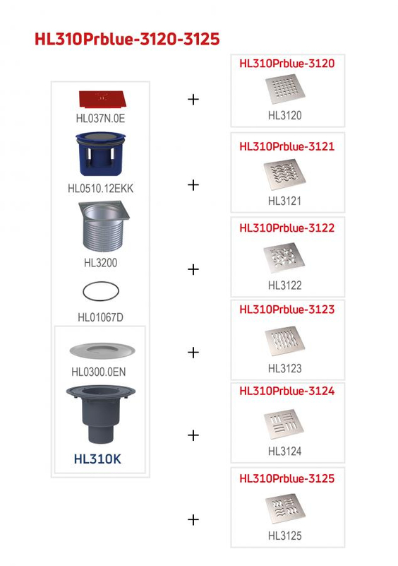 Podlahová vpust HL Hutterer & Lechner, DN50/75/110 se svislým odtokem, s izolační přírubou, ZU Primus blue (suchý sifon), nerez 121x121mm /nerez 115x115mm ˝QUADRA˝.
