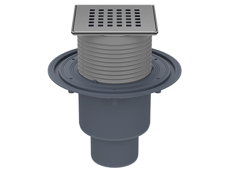 Podlahová vpust HL Hutterer & Lechner, DN50/75/110 se svislým odtokem, s izolační přírubou, ZU Primus blue (suchý sifon), nerez 121x121mm /nerez 115x115mm ˝QUADRA˝.