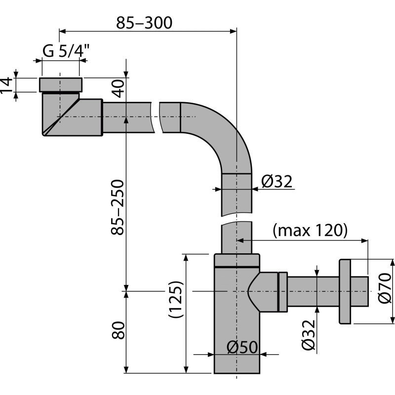 Sifon umyvadlový Alcadrain (Alcaplast) DN32 DESIGN celokovový, prostorově úsporný A403