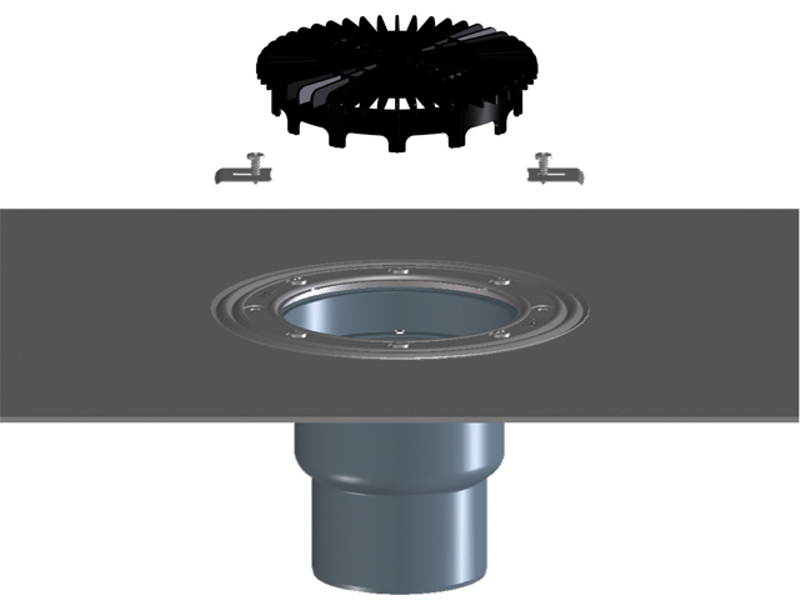 Těleso podlahové/terasové vpusti HL Hutterer & Lechner, DN75/110 se svislým odtokem, s asfaltovou manžetou, plochý koš