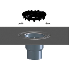 Těleso podlahové/terasové vpusti HL Hutterer & Lechner, DN75/110 se svislým odtokem, s asfaltovou manžetou, plochý koš