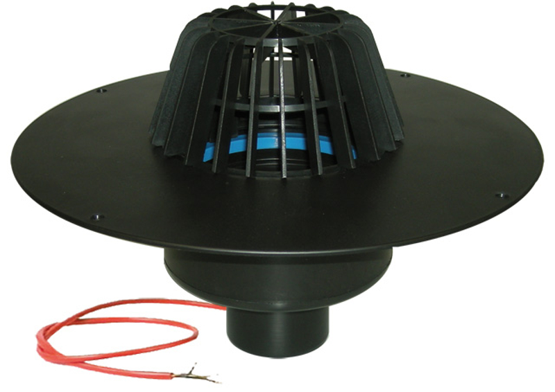 Střešní vtok HL Hutterer & Lechner, DN110 se svislým odtokem, s PP izolační přírubou, s elektrickým ohřevem(10-30W, 230V). Pro TPO, FPO hydroizolační fólie. Záchytný koš standardní i plochý