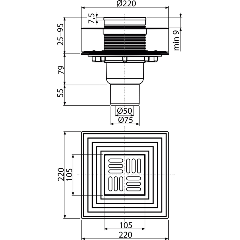 Podlahová vpust Alcadrain (Alcaplast) 105 x 105/50/75 mm přímá, mřížka nerez, nerezová příruba a límec 2. úrovně izolace, kombinovaná zápachová uzávěra SMART APV2324