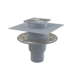 Podlahová vpust Alcadrain (Alcaplast) 105 x 105/50/75 mm přímá, mřížka nerez, nerezová příruba a límec 2. úrovně izolace, kombinovaná zápachová uzávěra SMART APV2324
