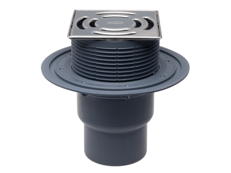 Balkonový a terasový vtok HL Hutterer & Lechner, DN75/110 se svislým odtokem, s izolační přírubou, se suchou nezámrznou zápachovou klapkou, nerez 145x145mm/nerez 138x138mm, sítko