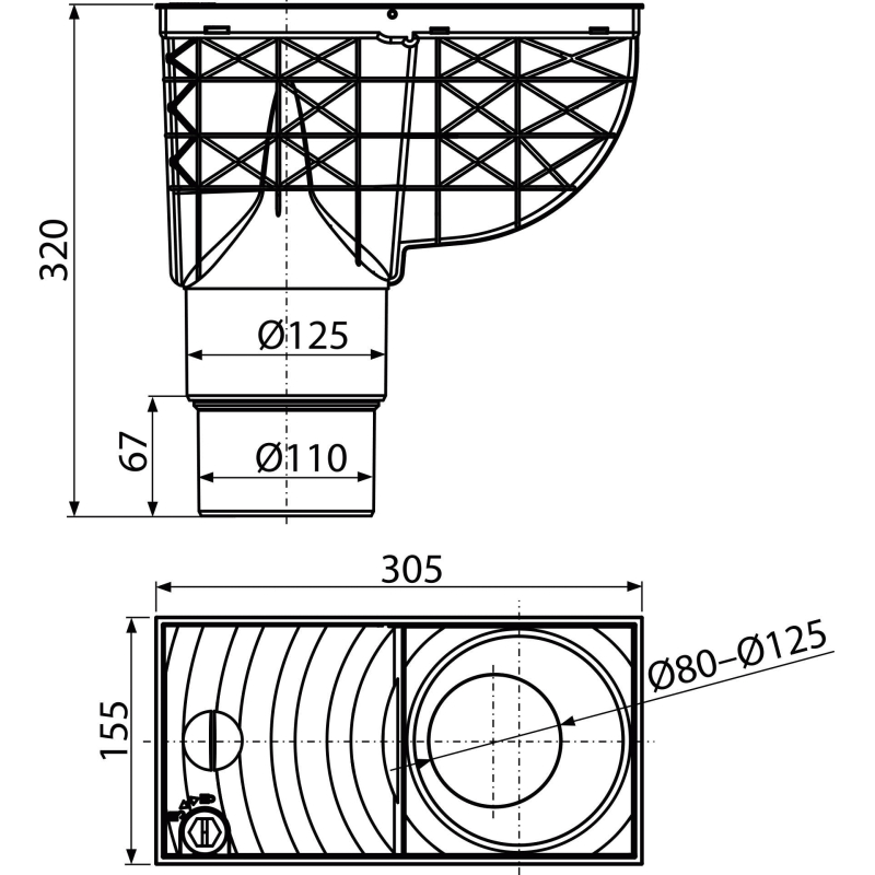 Univerzální lapač střešních splavenin Alcadrain (Alcaplast) 300 x 155/125/110 mm přímý, černá AGV4