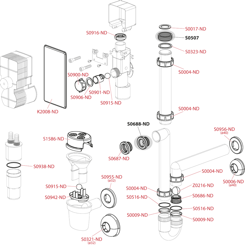 Sifon pro odkapávající kondenzát Alcadrain (Alcaplast) podomítkový, nerez DN40 a DN50 AKS4
