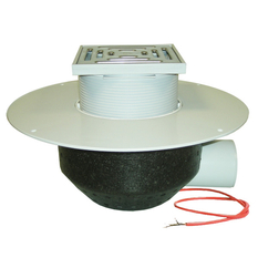 Střešní vtok HL Hutterer & Lechner, DN75 s ležatým odtokem v provedení pro pochůzné střechy, s PVC izolační přírubou, pro měkčené PVC hydroizolační fólie, s elektrickým ohřevem(10-30W, 230V), nástavec 148x148mm/137x137mm. Záchytný koš plochý