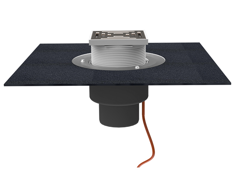 Střešní vtok HL Hutterer & Lechner, DN160 se svislým odtokem v provedení pro pochůzné střechy, s asfaltovou manžetou, s elektrickým ohřevem(10-30W, 230V), nástavec 148x148/137x137mm. Záchytný koš plochý