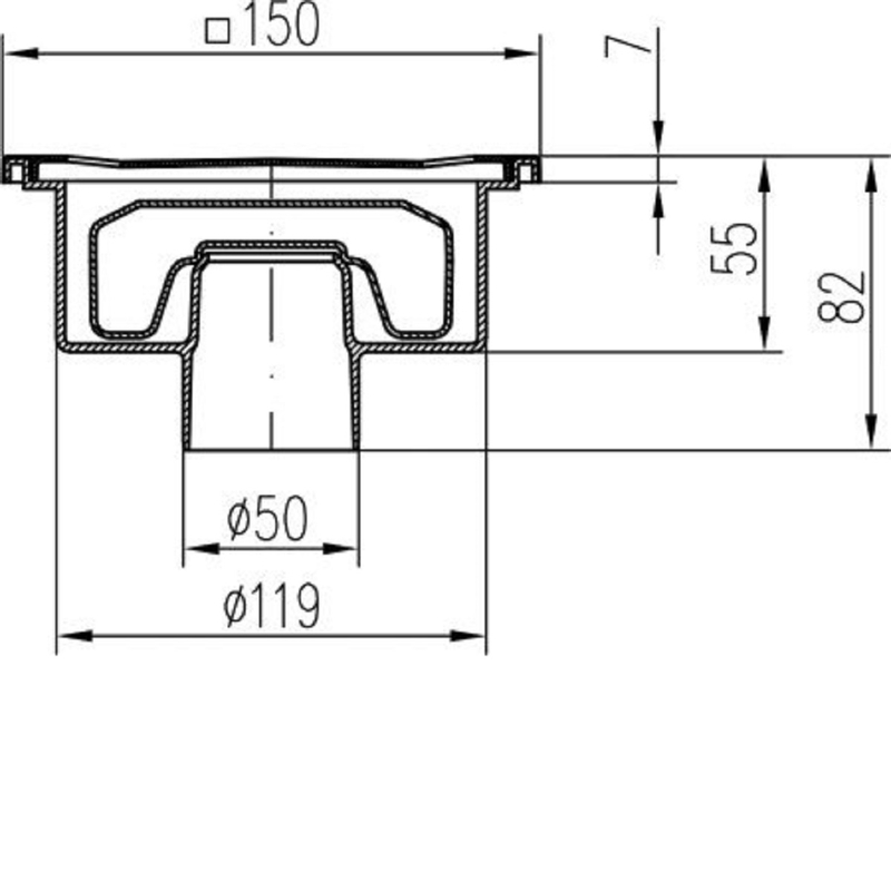 Podlahová vpusť Neptun DN50/82 x N 150 x 150 mm nerezová mřížka 320 x N