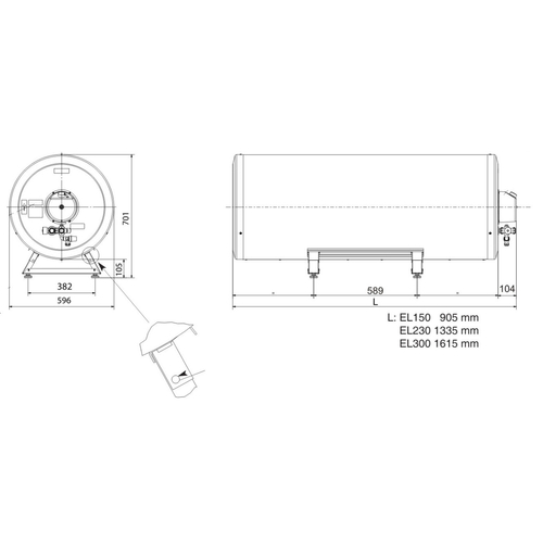 Ohřívač elektrický nerezový Dražice Nibe EL 300, v zapojení na 400 V výkon 3 kW nebo na 230 V výkon 2 kW, ležatý