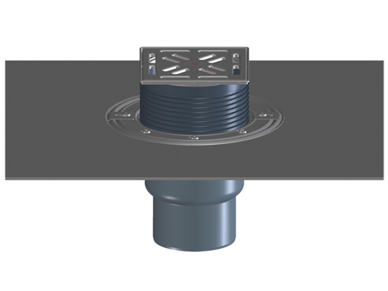 Balkonový a terasový vtok HL Hutterer & Lechner, DN75/110 se svislým odtokem, s asfaltovou manžetou, se suchou nezámrznou zápachovou klapkou, nerez 145x145mm/nerez 138x138mm, sítko, plochý koš