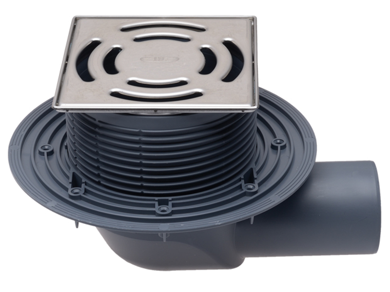 Balkonový a terasový vtok HL Hutterer & Lechner, DN75 s ležatým odtokem, s izolační přírubou, se suchou nezámrznou zápachovou klapkou, nerez 145x145mm/nerez 138x138mm, sítko